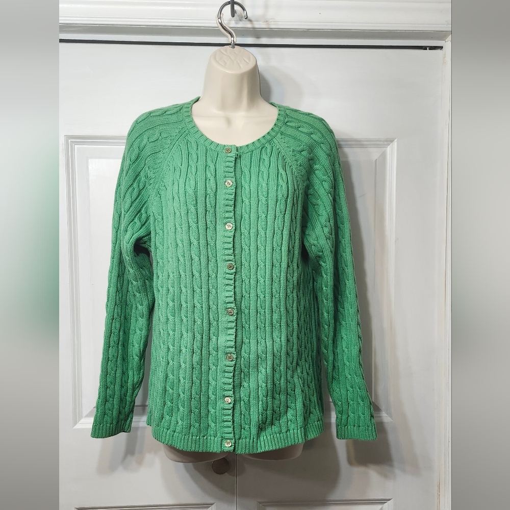 L.L. Bean Green Cable Knit Cardigan